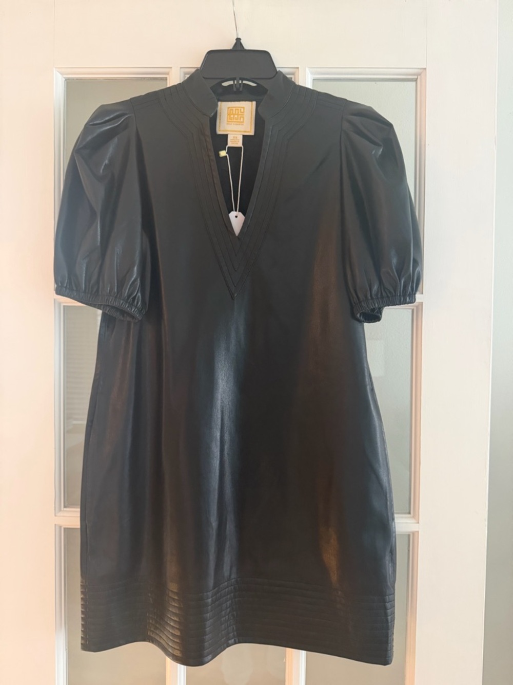 NWT Black Puff-Sleeve Faux Leather dress